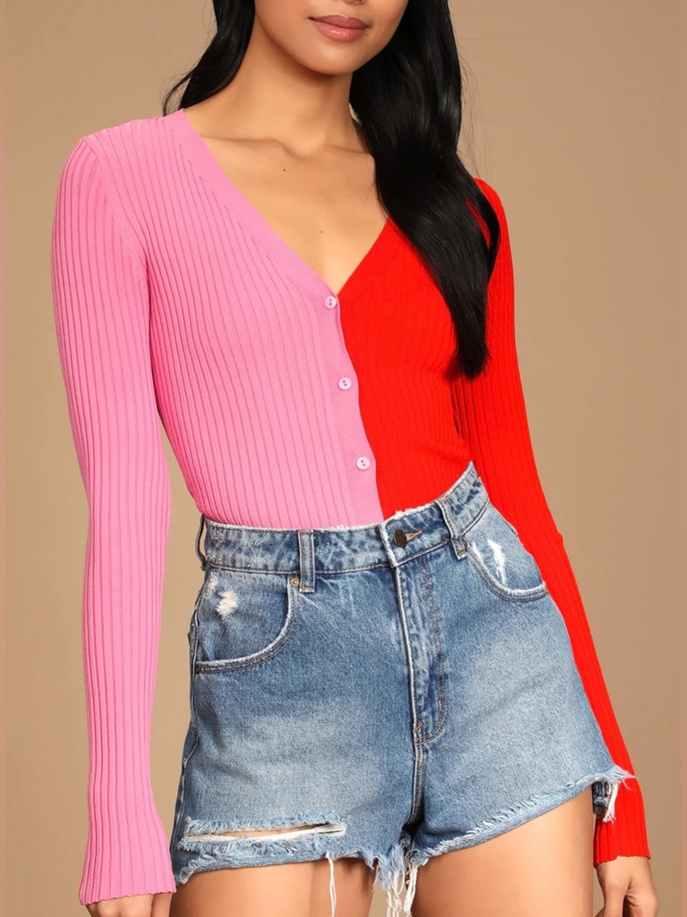 Lulus Dynamic Duo Pink Red Color Block Ribbed Cardigan Sweater Size S